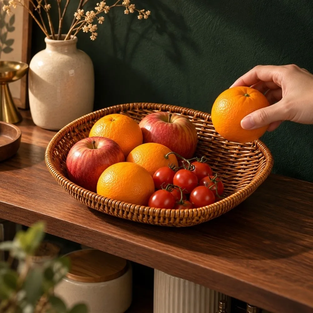 New Hand-woven Small Dustpan Plastic 3 Sizes Imitation Rattan Wicker Oval Storage Box Restaurant Serving Tabletop Display