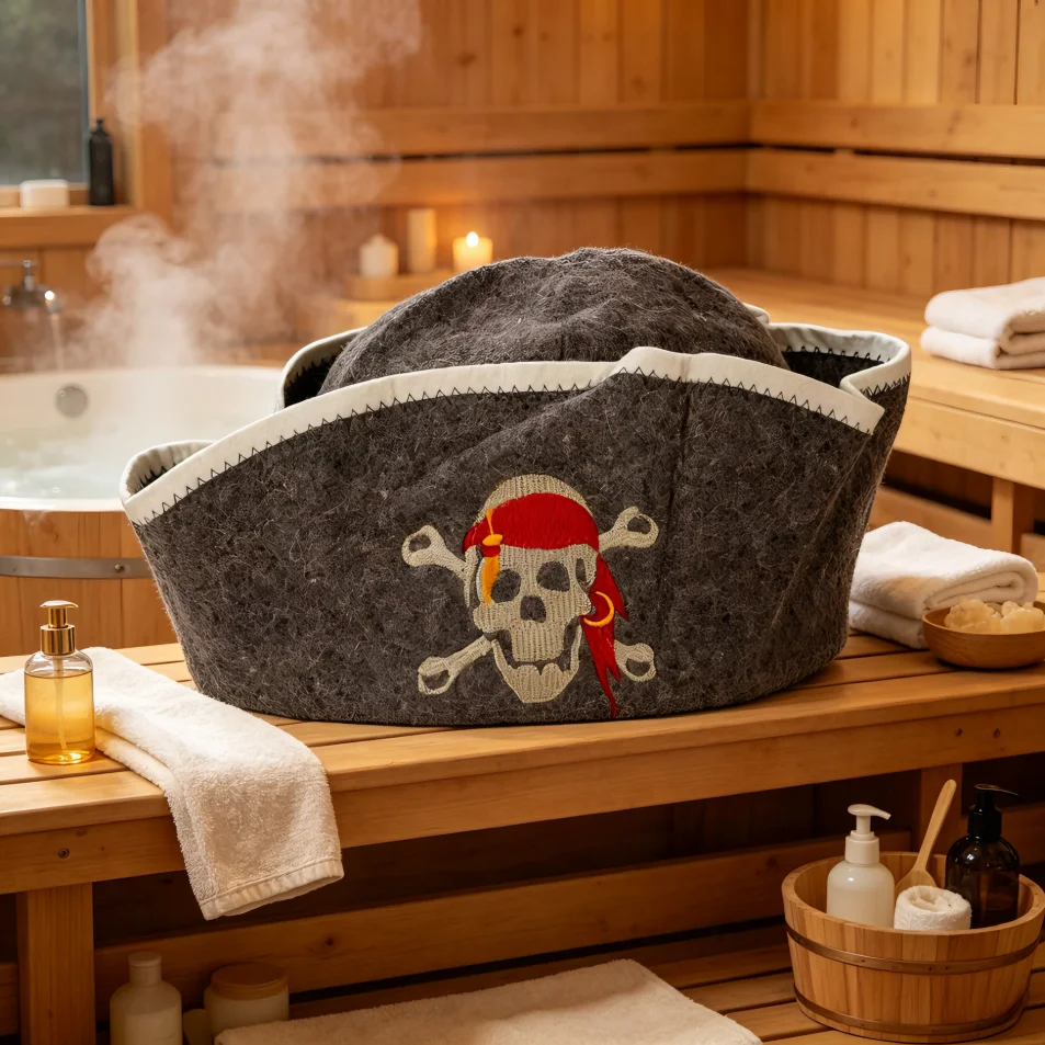 Handmade Wool Pirate Sauna Hat Vintage Tricorn Skull Embroidery Anti-overheating Banya Cap Steam Bath Headwear Sauna Gift