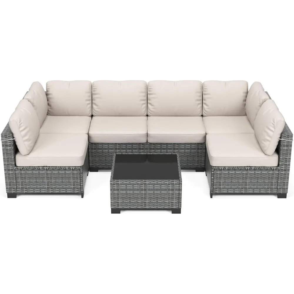 

Complete 7-Piece Set Outdoor Patio Furniture Set, U-Shaped Rattan Sectional with Cushions & Coffee Table, Durable Wicker Constru