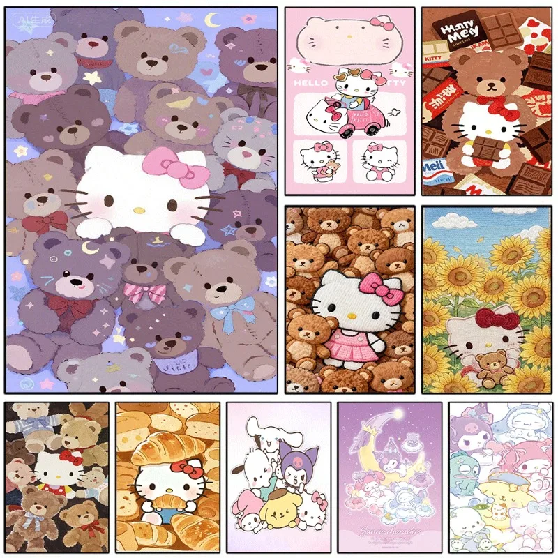 Hello Kitty Cinnamoroll Kuromi Canvas Poster Cute Sanrio Cartoon Print Unframed Canvas Art Teddy Bear Chocolate Sunflower Sweet