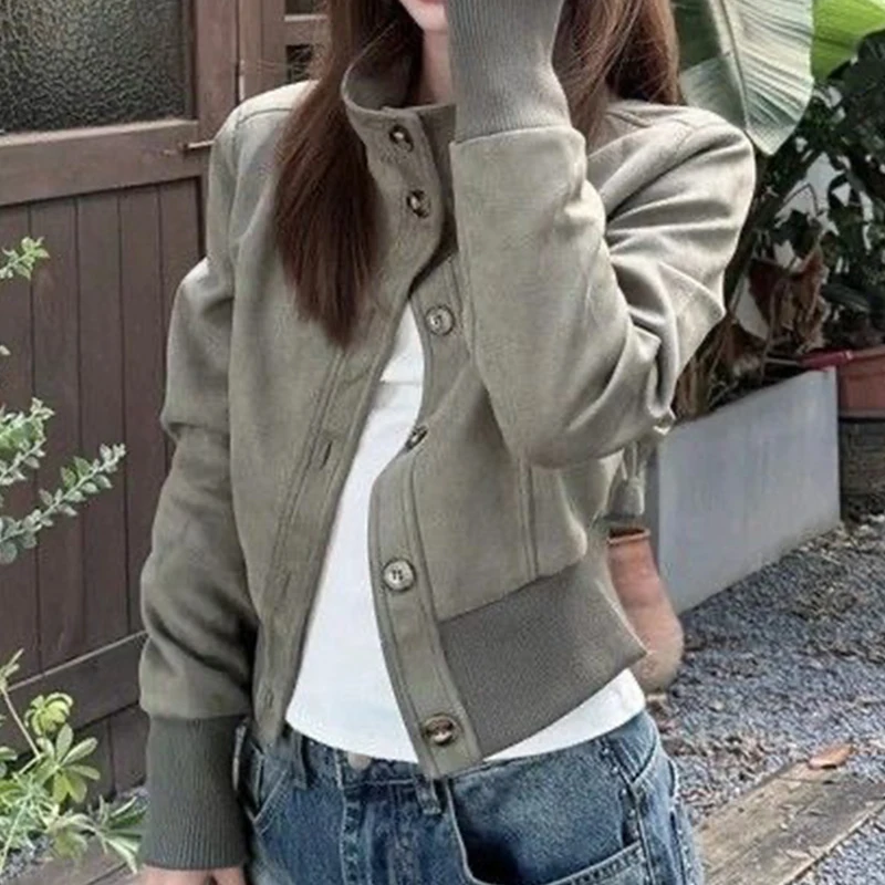 

Европейская и американская модная демисезонная куртка в стиле High Street: универсальный повседневный фасон, серо-зеленый цвет, воротник-стойка