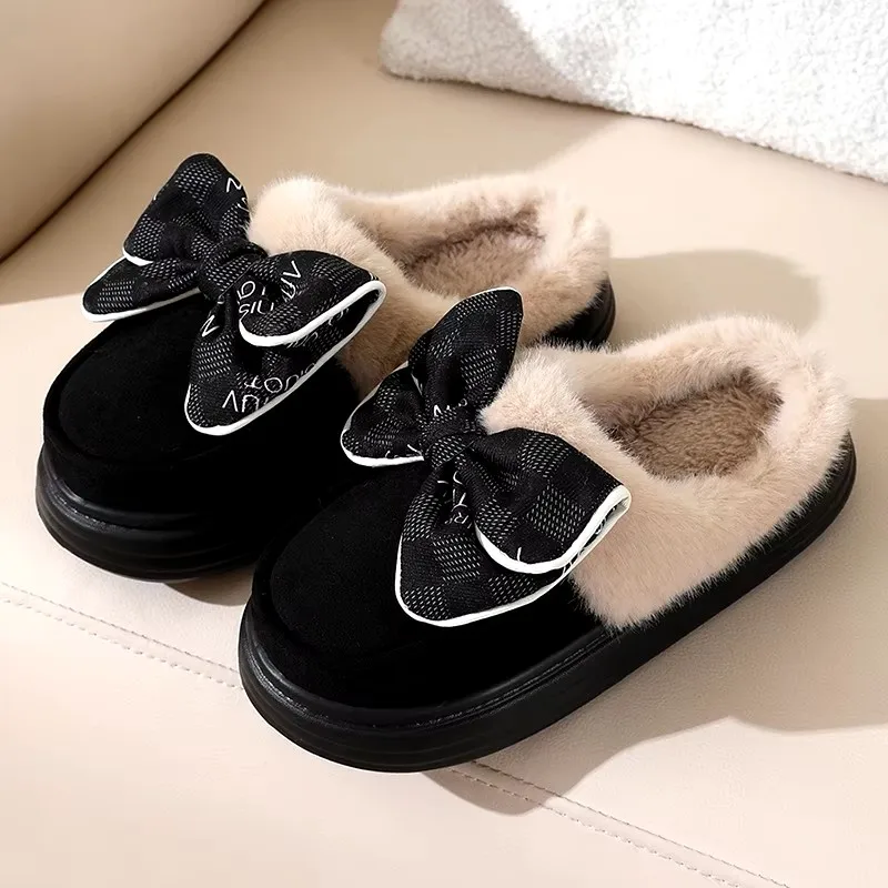 Lovely Bow Women Winter Toe Wrap Warm Solid Cotton Slippers Thick Soft Sole Slides Femmer Indoor Floor Flat Home Non-slip Shoes