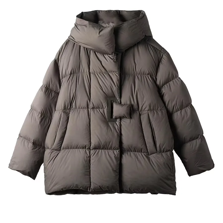 

2026 90% White Duck Down Coat for Women Elegant Hooded Thick Puffer Jacket Female Button Design Loose Parkas Winter Coats Women