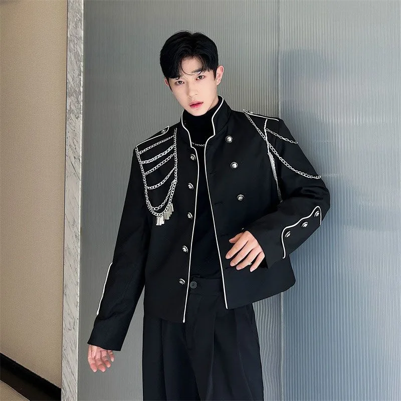 Men Black Formal Buttons Chain Tops Coat Jackets Male Formal Sexy Gentlemen Party Evening Coats Man Stand Neck Trendy Gothic Top