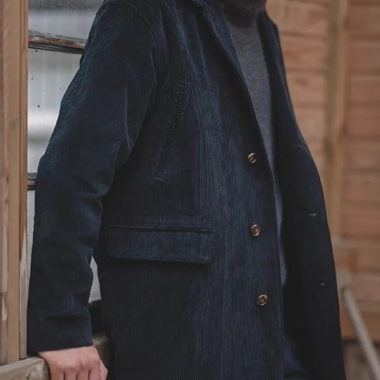 

Maden American Retro Bla Corduroy Coat Medium Length Men's Autumn Winter Jaet Single Button Closure Pure Color Casual Wear