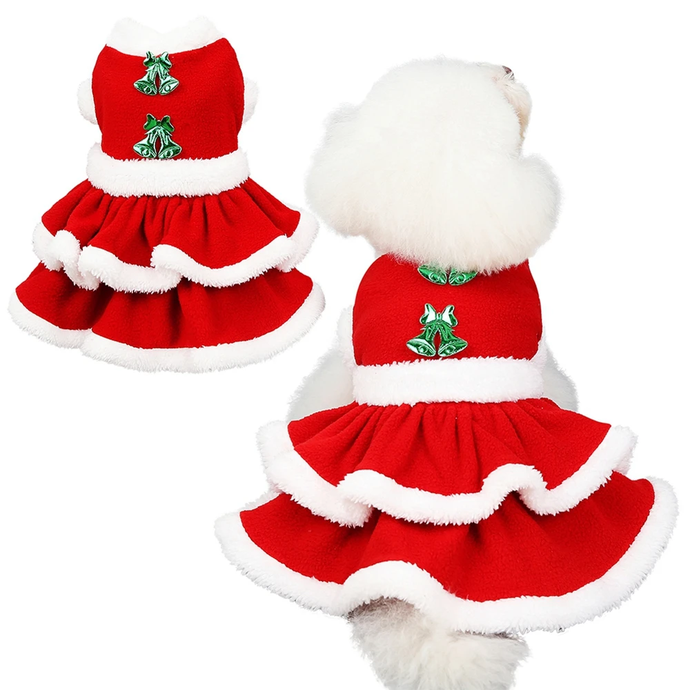 Christmas Dog Girls Costume Dress Puppy Warm Fleece Skirt Clothes Autumn Winter Clothes Pet Dog Red Skirt Fancy Dress Warm