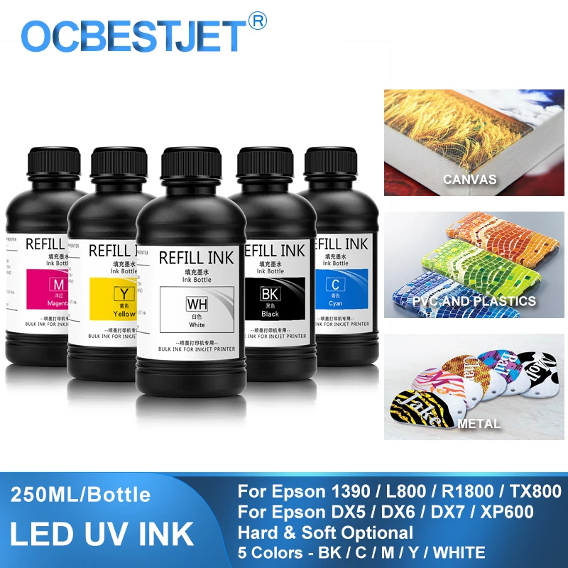 

5×250ML LED UV Ink For DX4 DX5 DX6 DX7 DX10 TX800 XP600 Printhead For Epson 1390 L800 L1800 L805 R1800 R1900 UV Flatbed Printer