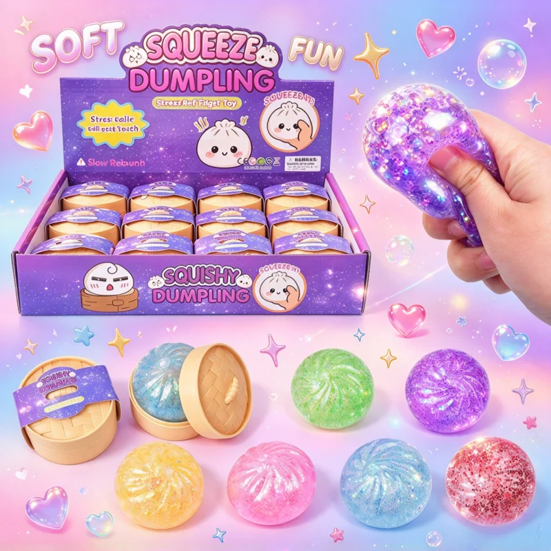 Cute Squishy Dumpling Fidget Toy Glitter Jelly Squeeze Bun Sensory Stress Relief Sparkling Squish Ball Collectible Gift
