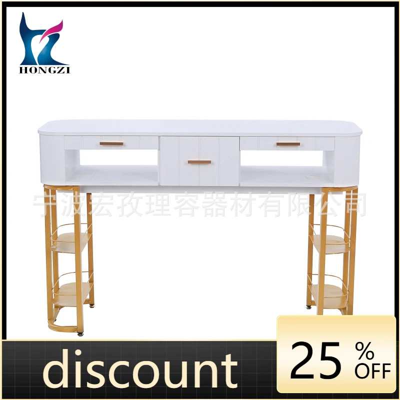 

LMM white striped simple manicure table, gold-plated manicure table with drawers for nail salons