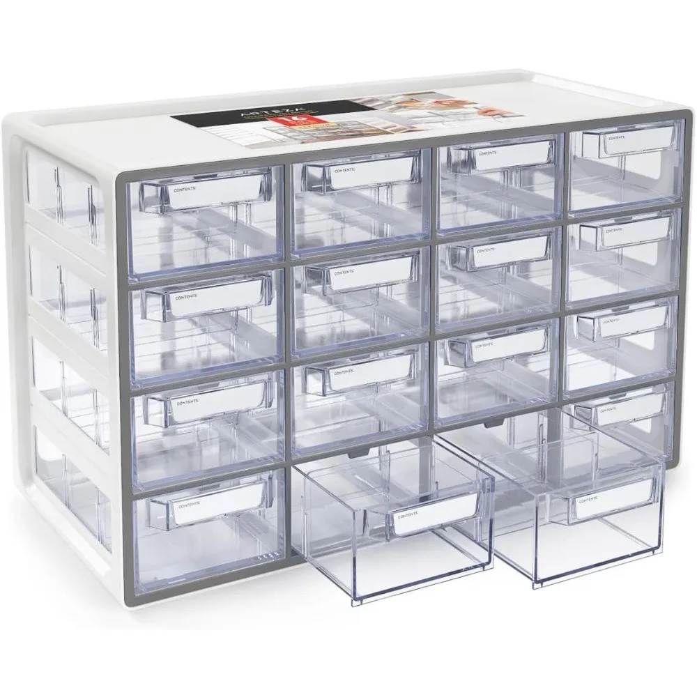 

16 Drawer Storage Cabinet, 17.7 x 8.2 x 10.9 inches, White, Plastic Drawers with Stoppers, Multi Compartment Organizer