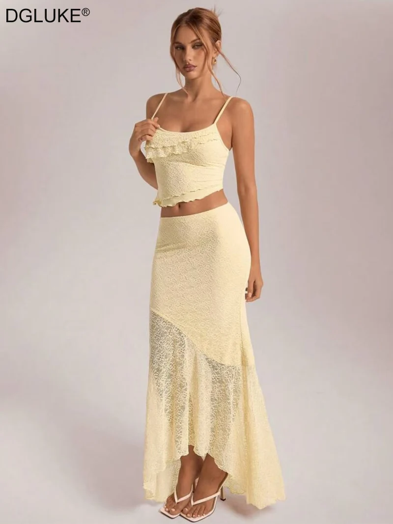 

DGLUKE Yellow Lace 2 Piece Sets Woman Outfits Elegant Summer Co ord Ruffle Cami Top And Long Skirt Sets Beach Party Outfits
