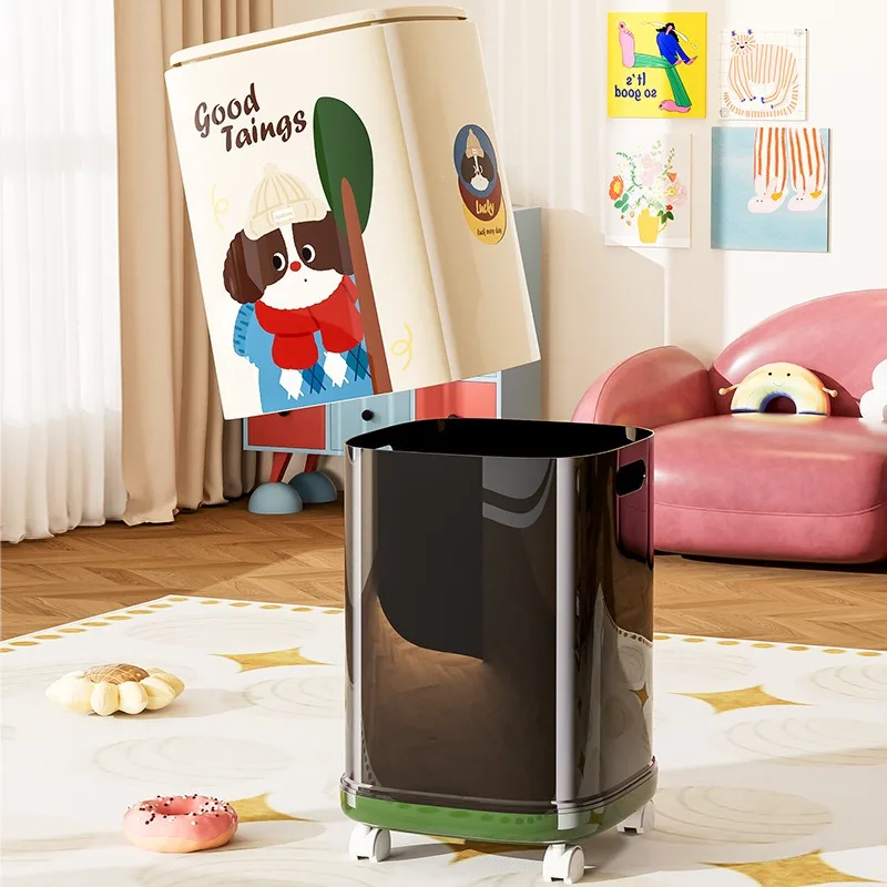 New trash can with wheels, cartoon high-value household living room, bedroom with cover, double-layer press storage bucket