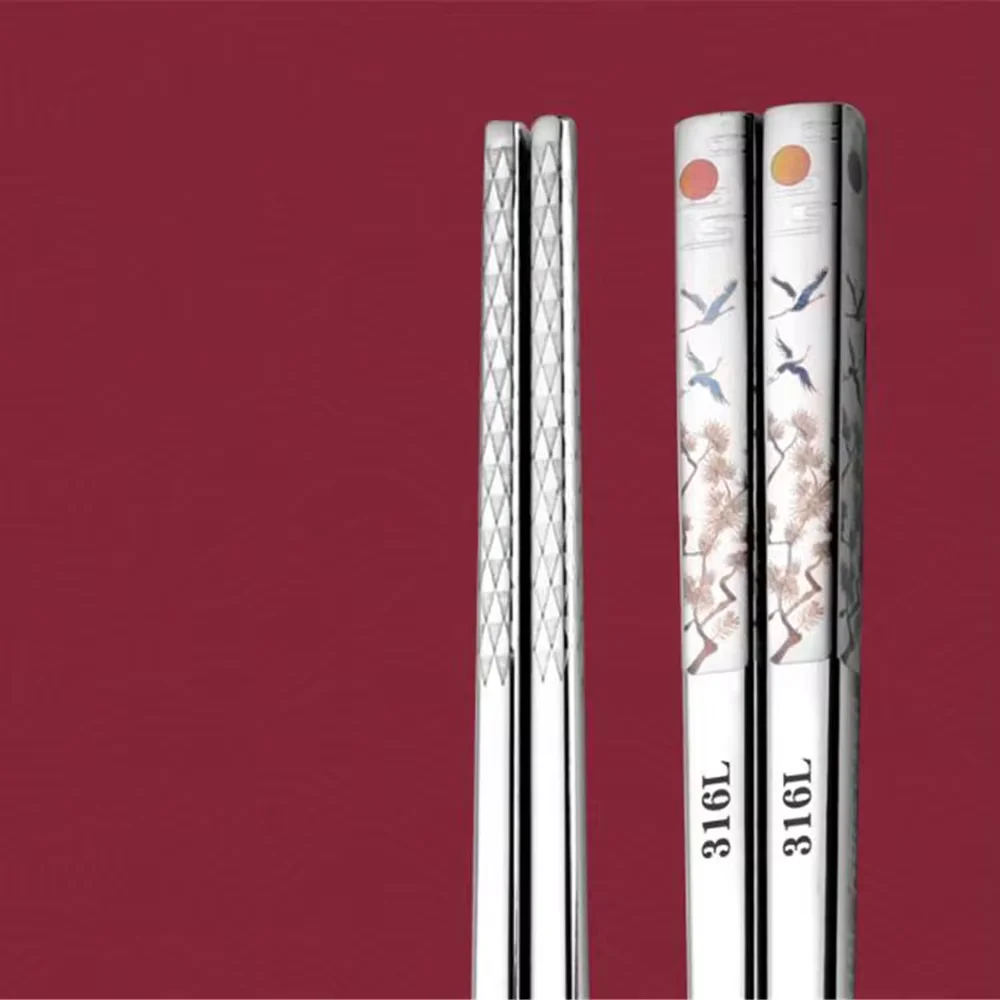 Traditional Chinese Style Color Printed Titanium-plated 316L Stainless Steel Chopsticks Non-Slip Anti-Mold Household Tableware