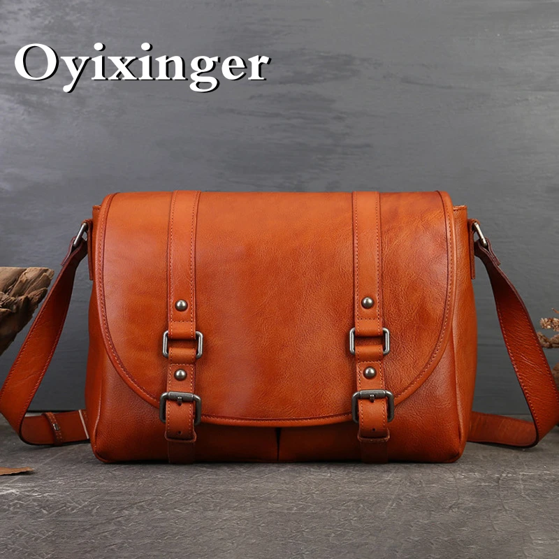 OYIXINGER New Vintage Large Capacity Briefcase Men's Luxury Genuine Leather Shoulder Computer Bag Women Cowhide Macbook Laptop