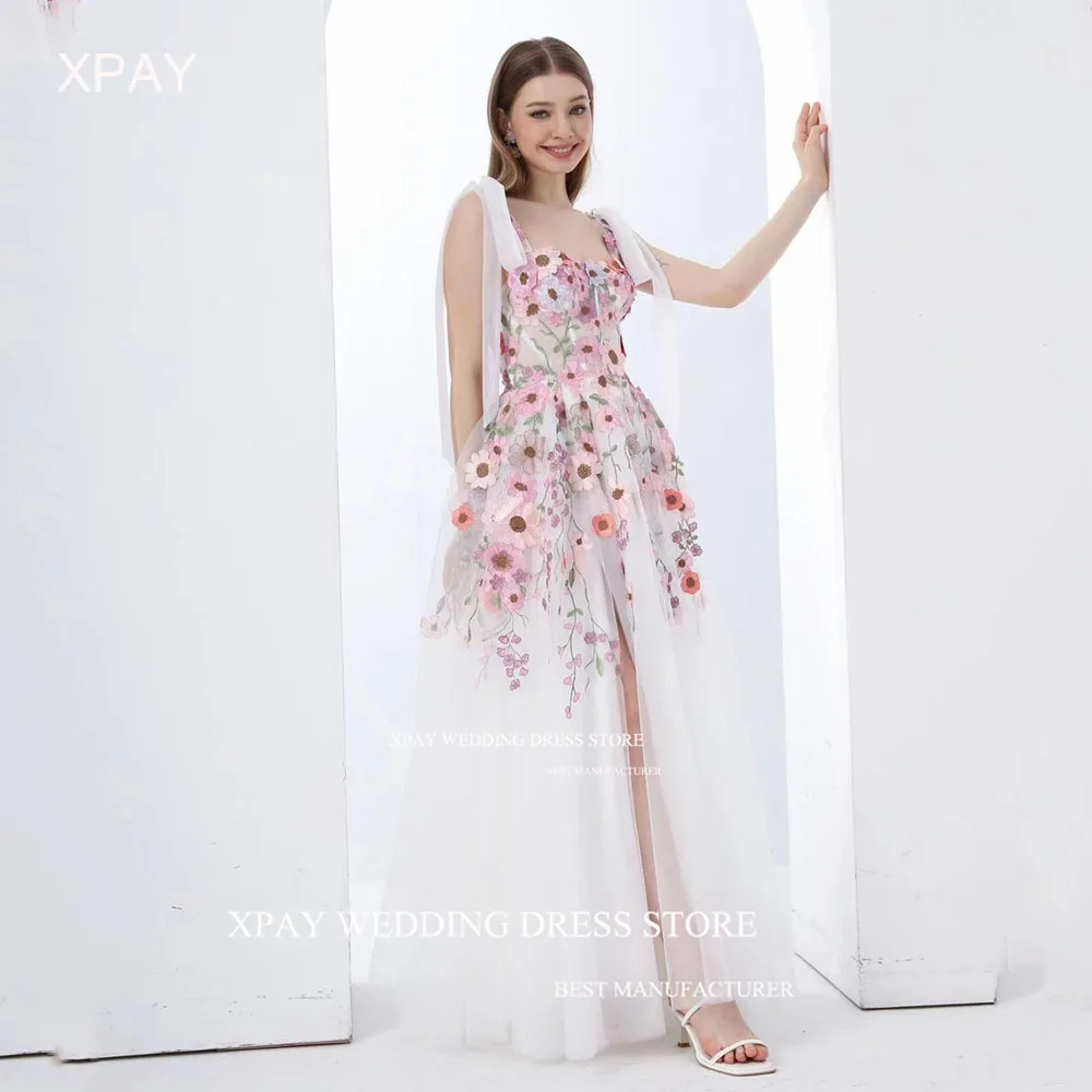 

XPAY Elegant Square Neck Korea A Line Evening Dresses 3D Lace Wedding Photos Shoot Strap Sleeve Backless Custom Prom Party Dress