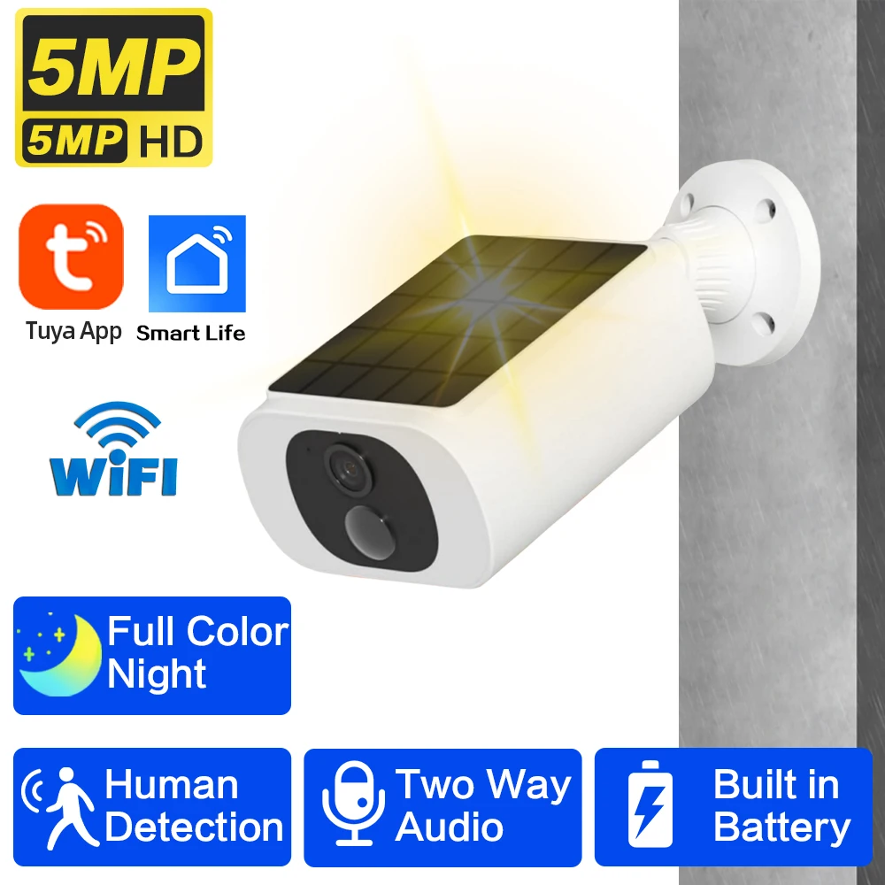 Tuya Wifi Solar Bullet Camera Outdoor 5MP Waterproof Battery Powered CCTV Surveillance Security Camera Wireless Two Way Audio