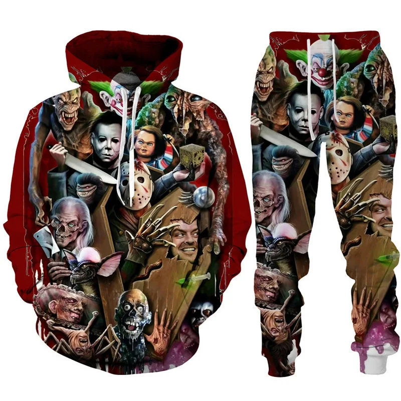 Conjunto de moletom com capuz e moletom masculino de horror filme 3D, agasalho casual, moletons, roupas de outono, terno horror, 2 peças