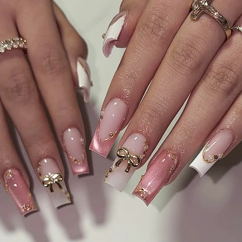 24 uñas cuadradas medianas con pegamento, flores rosas, cubierta completa, francesas acrílicas 3
