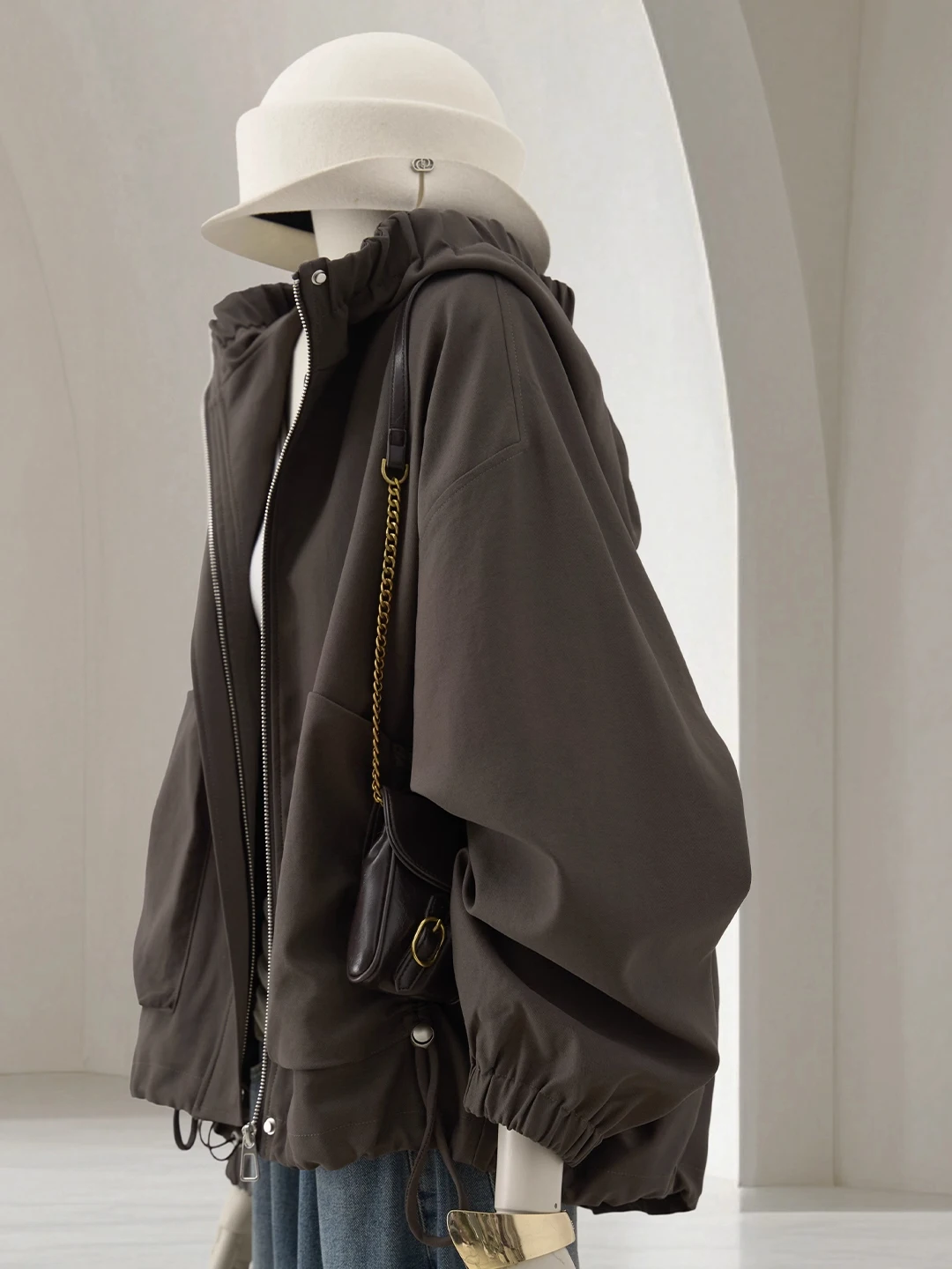 

plus Size 300 Pou Hooded Jaet ex Autumn Winter Loose Workwear Sle Zipper Closure American Retro Neutral Color Jaet