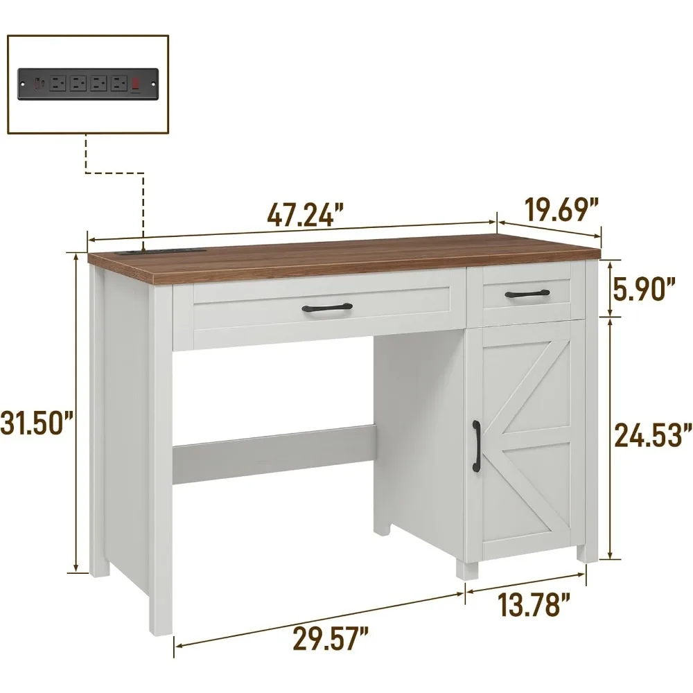 Bureau de direction Farmhouse de 47 pouces, bureau d'ordinateur avec tiroirs et armoire de rangement, bureau d'ordinateur pour poste de travail pour bureau à domicile et goujons