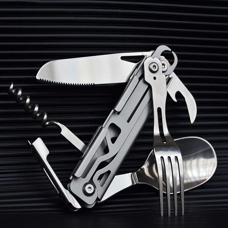 Outdoor Camping Folding Tableware, Stainless Steel, Multifunctional Dinner Knife, Portable Knife, Fork, Spoon, Travel Fold Knife