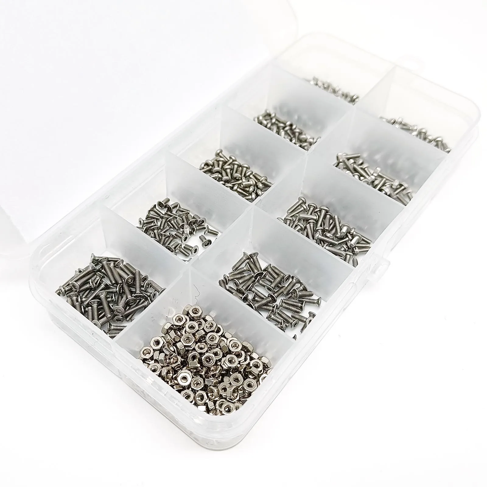 650pcs/box Micro Small 10 Size M1.6 Allen Hex Socket Head Cap Button Flat Countersunk Screw Bolt Nut Set Kit 304 Stainless Steel