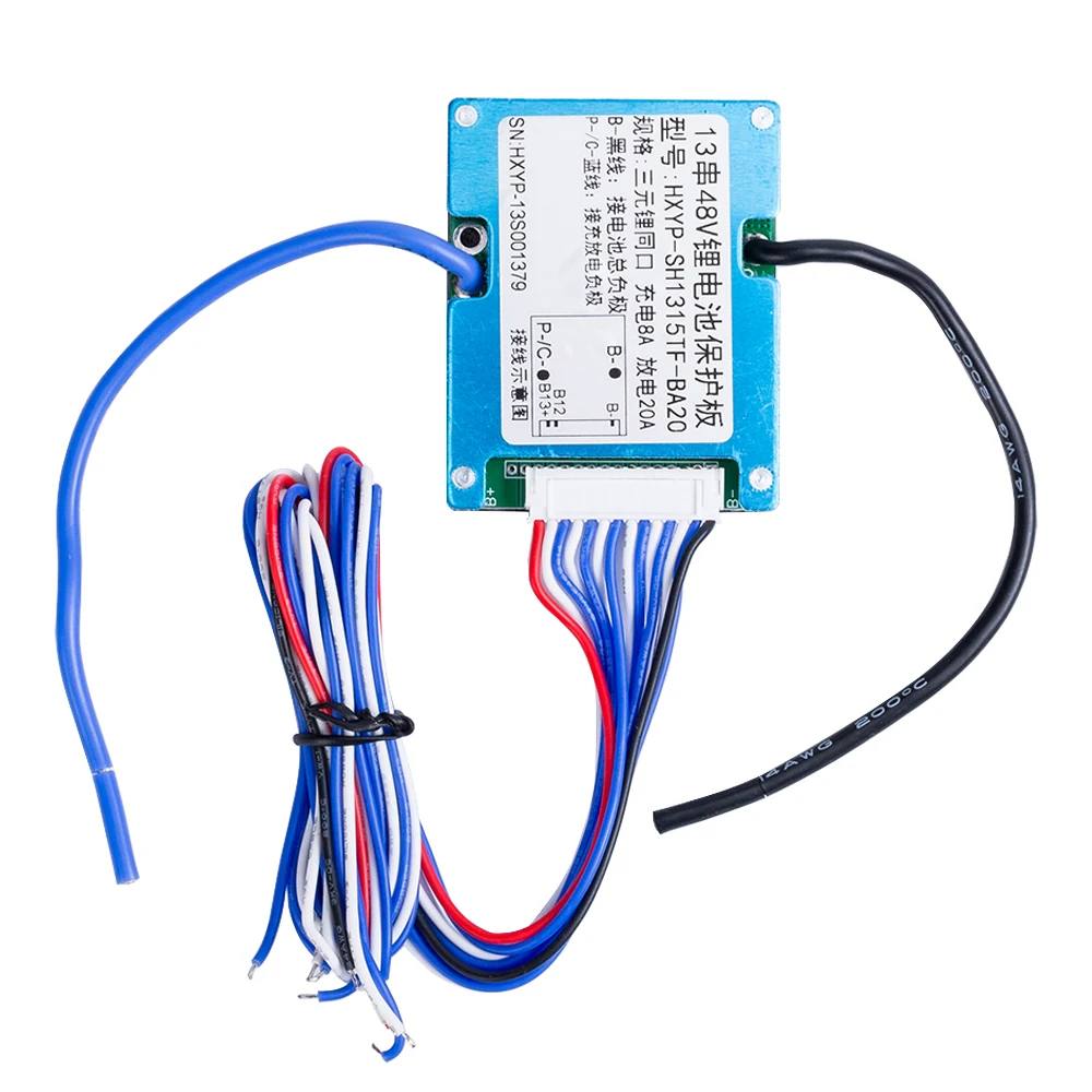 Bms 13s 48v 20a for 3.7vリチウムイオン電池18650 21700,充電8A,過放電保護,電動自転車用,62.5x50.5x9.5mm