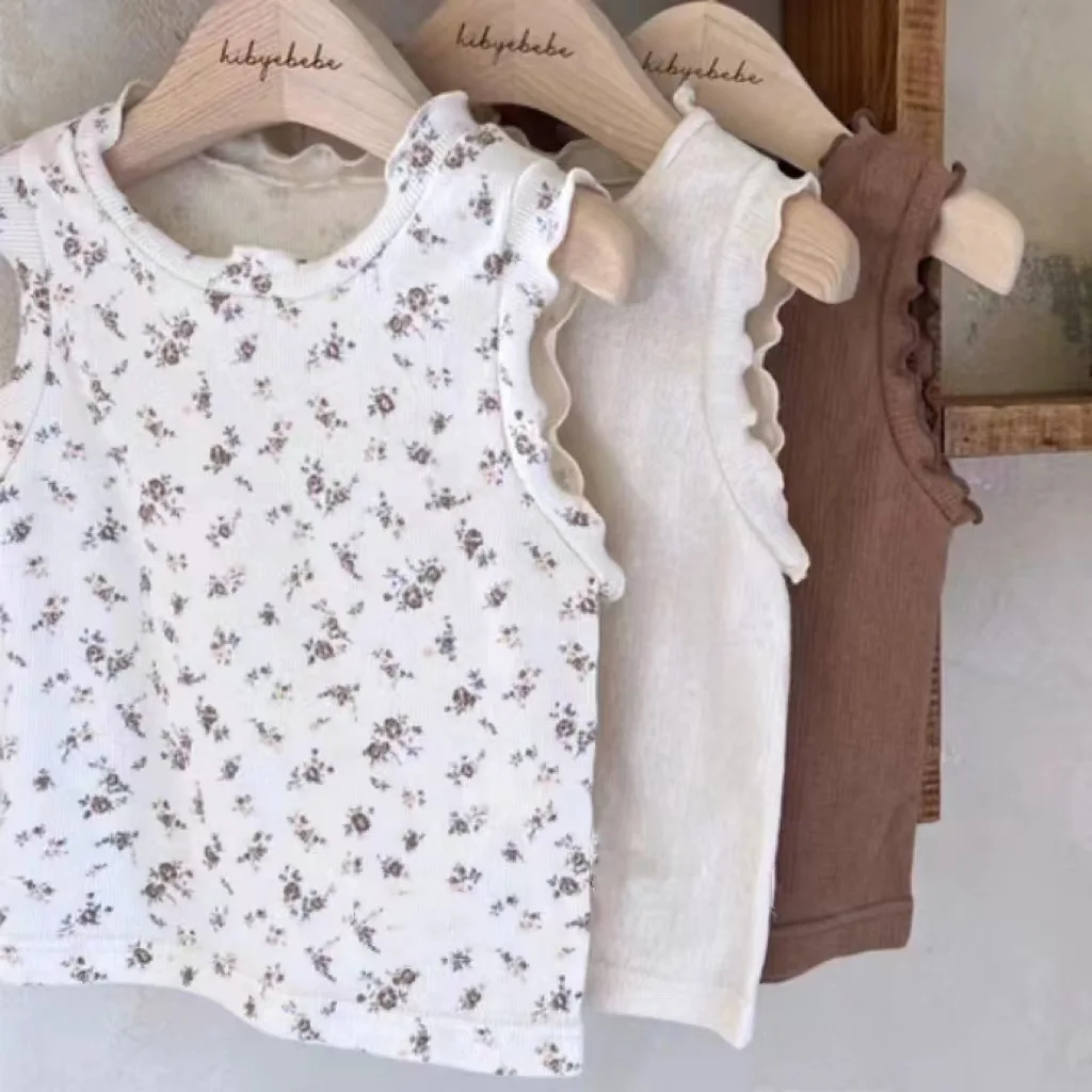 2024 Summer New Baby Girl Thin Cotton Edge Floral Solid Colour T-Shirt Vest Sleeveless Casual T 2 4 8 2