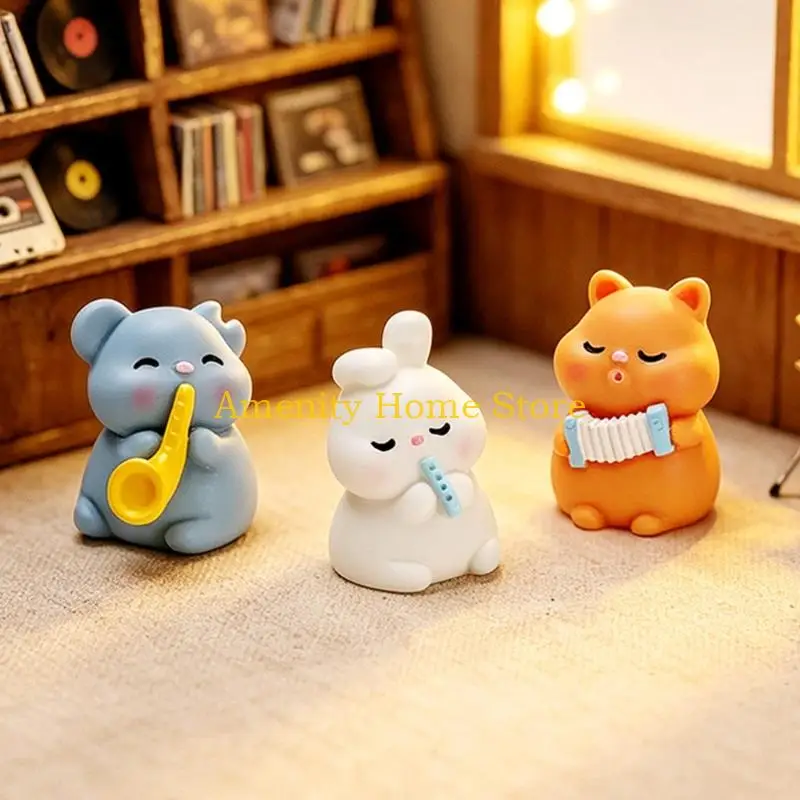 F26C Mini Animal Figurine Set with Six Music Theme Figures for Desk Display and Shelf Use, DIY Arrangement Group for Room