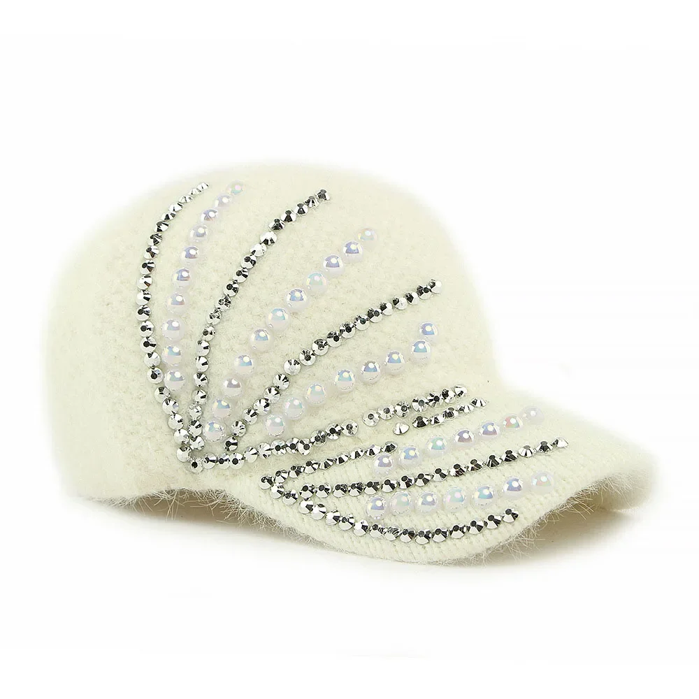 Simple Solid Color Warm Baseball Cap Inlaid with Diamond Pearl Decoration Baseball Cap Dot Pearl Diamond Knitted Handmade Hat