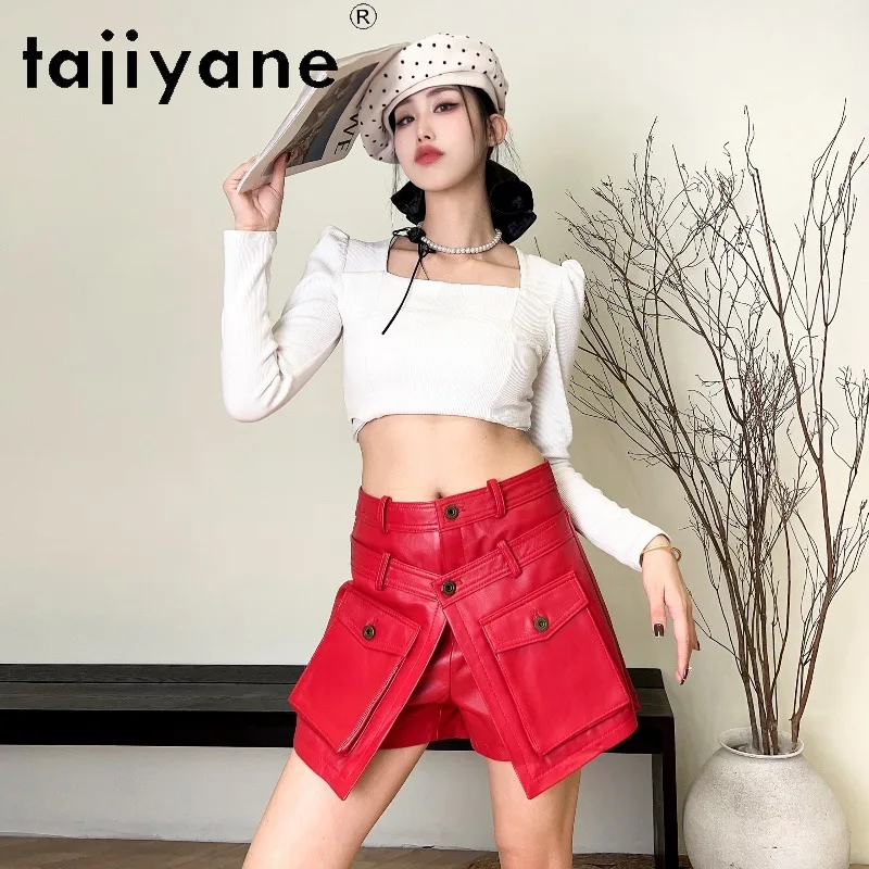 TAJIYANE Genuine Sheepskin Women's Shorts Leather Shorts Double Waistband Shorts for Woman Chic Bootyshorts Шорты Big Pockets