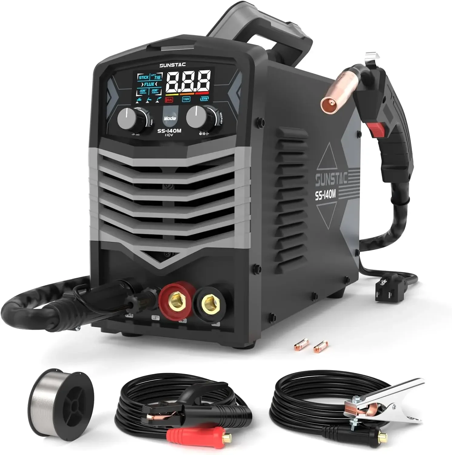 

Сварочный аппарат MIG 140А 110В, 3-в-1 (MIG, Flux Core, Stick Lift TIG), без газа, инвертор IGBT, синергетическое управление, цифровой дисплей, защита от перегрузок