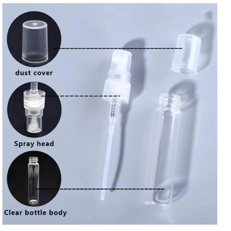 50 Uds + 4 accesorios 2/3/5/10ML botella de spray de vidrio recargable con 50 botellas de spray, 1 cuentagotas, 1 embudo, 1 dispensador, 1 jeringa