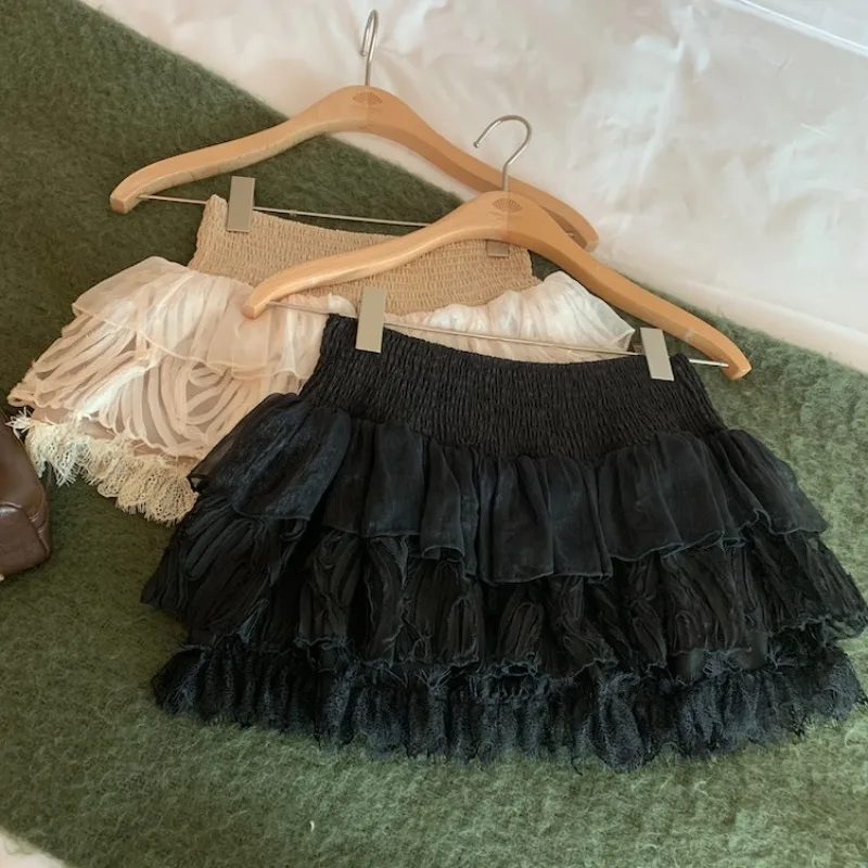 Spódnica baletowa w stylu court, koronkowa, z falbankami, tiulowa, damska, z elastycznym pasem, elegancka spódnica typu cake, kawaii, słodka, bufiaste, krótkie spódniczki bud.