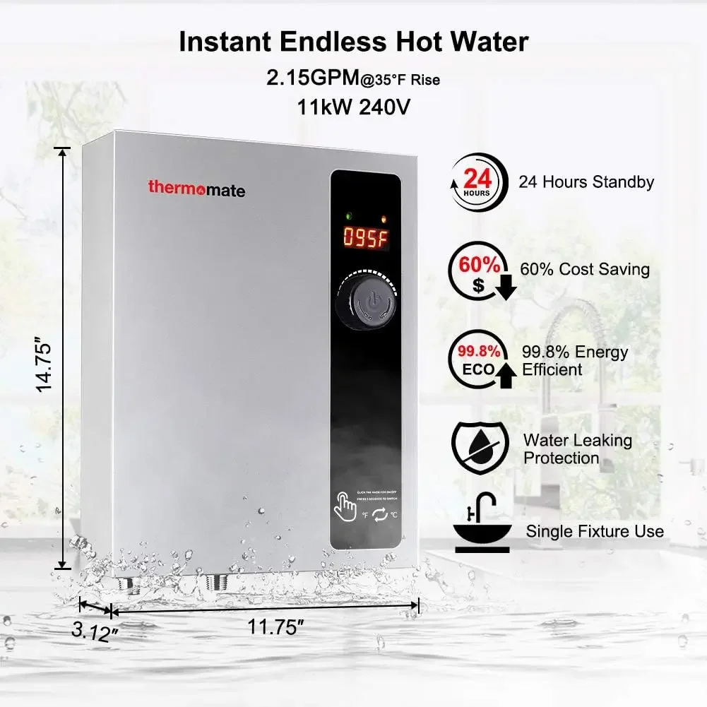 Electric Tankless Water Heater, 11kW 208~240 Volt, On Demand Instant Hot Water Heater, Self Modulating Energy Saving, Save Space