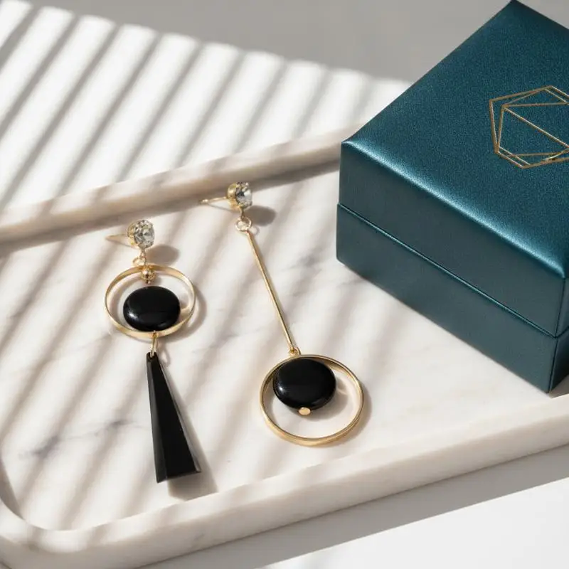 Black Rock Style Asymmetric Earrings for Women Hollow Crystal Geometric Dangle Design Chic Jewelry for Casual Outing
