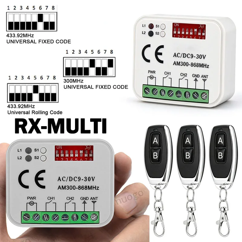 RX-MULTI Universal Garage Remote Control 280MHz-868MHz 433.92MHz Fixed Code Rolling Code AC DC 9-30V 2 CH Controller Switch