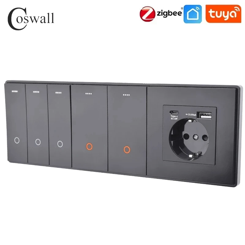 COSWALL Zigbee 3.0 On / Off Switch & Scene Switch Yandex, Matte Black Panel, Normal Socket USB Quick Charger TV RJ45 Module DIY