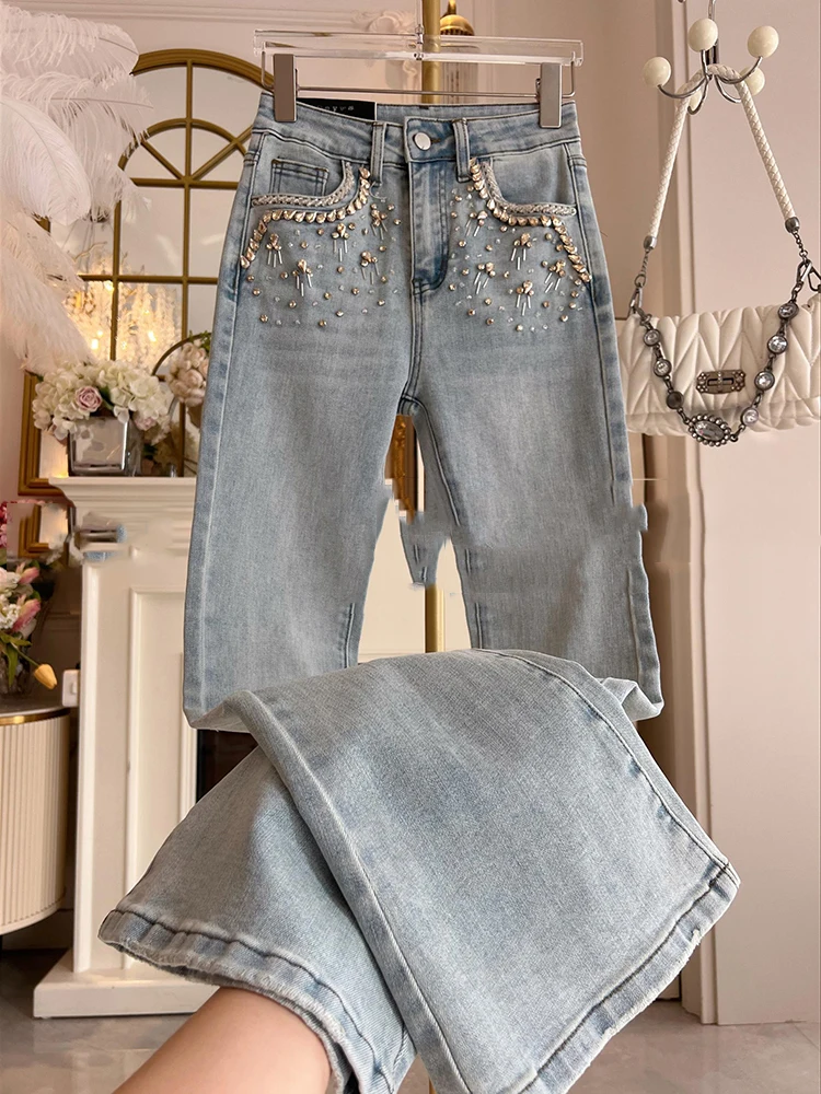 

2025 Spring New Women's Fashion High Waist Slim Temperament Flared Pants Heavy Industry Diamond-encrusted Jeans