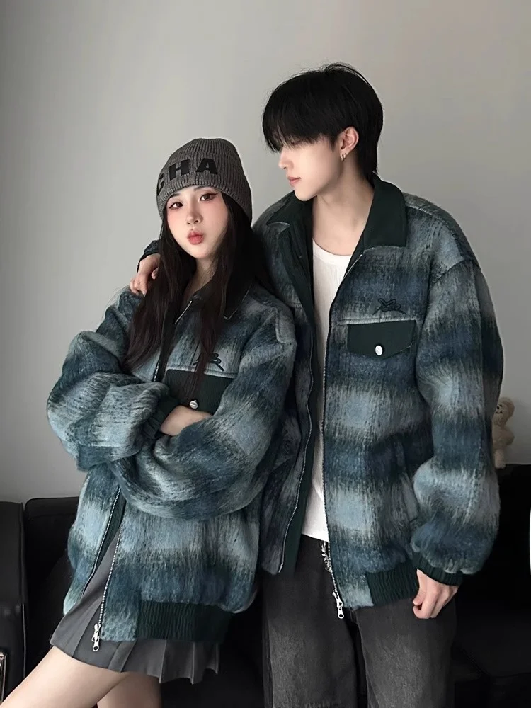 Thickened Woolen Plaid Jacket for Men Autumn Winter Vintage American Style Youth Fashion Contrast Color Design Long Sleeve Coat