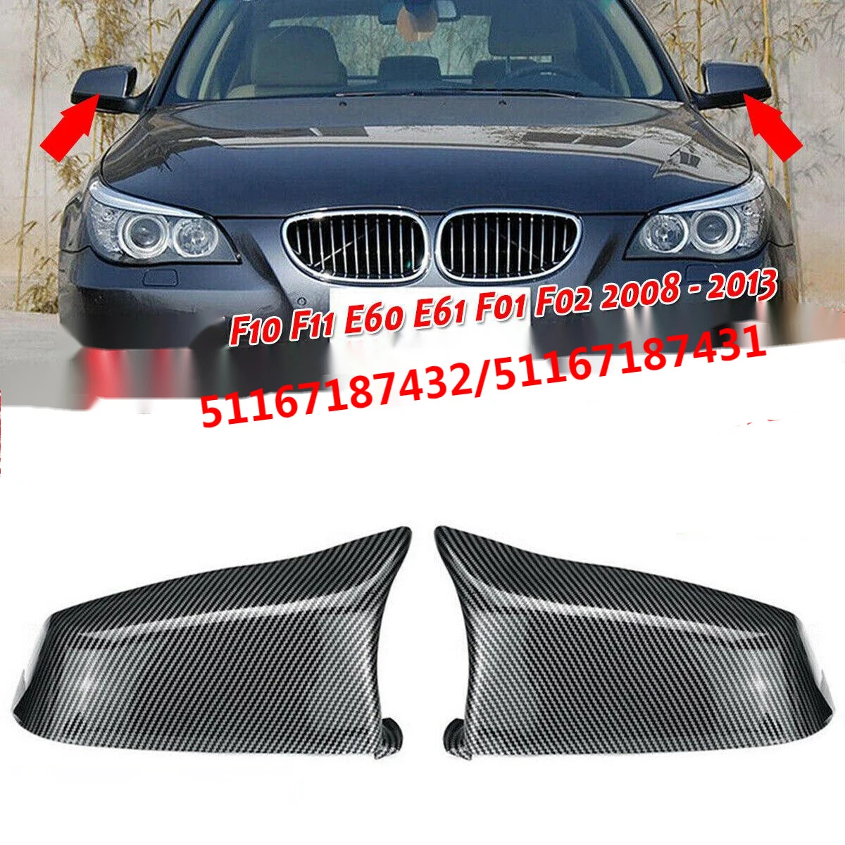 

For BMW 5 Series E60 F10 F02 2008-2013 Glossy Black Carbon Pattern Rearview Exterior Side Mirror Caps 51167187431 51167187432
