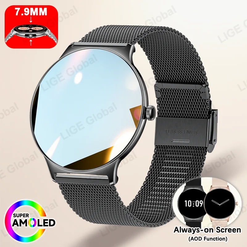 

LIGE Ultra Thin Fashion Smart Watch Women Screen Always Display Time Bluetooth Call AMOLED Smartwatch Sports Bracelet Woman Gift