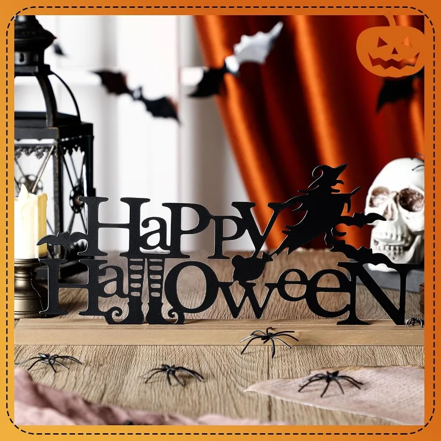 علامة معدنية للهالوين السعيدة من Realspring لتزيين صينية متدرجة للهالوين مع قاعدة خشبية قائمة بذاتها باللون الأسود المخيف على شكل خفاش ساحرة