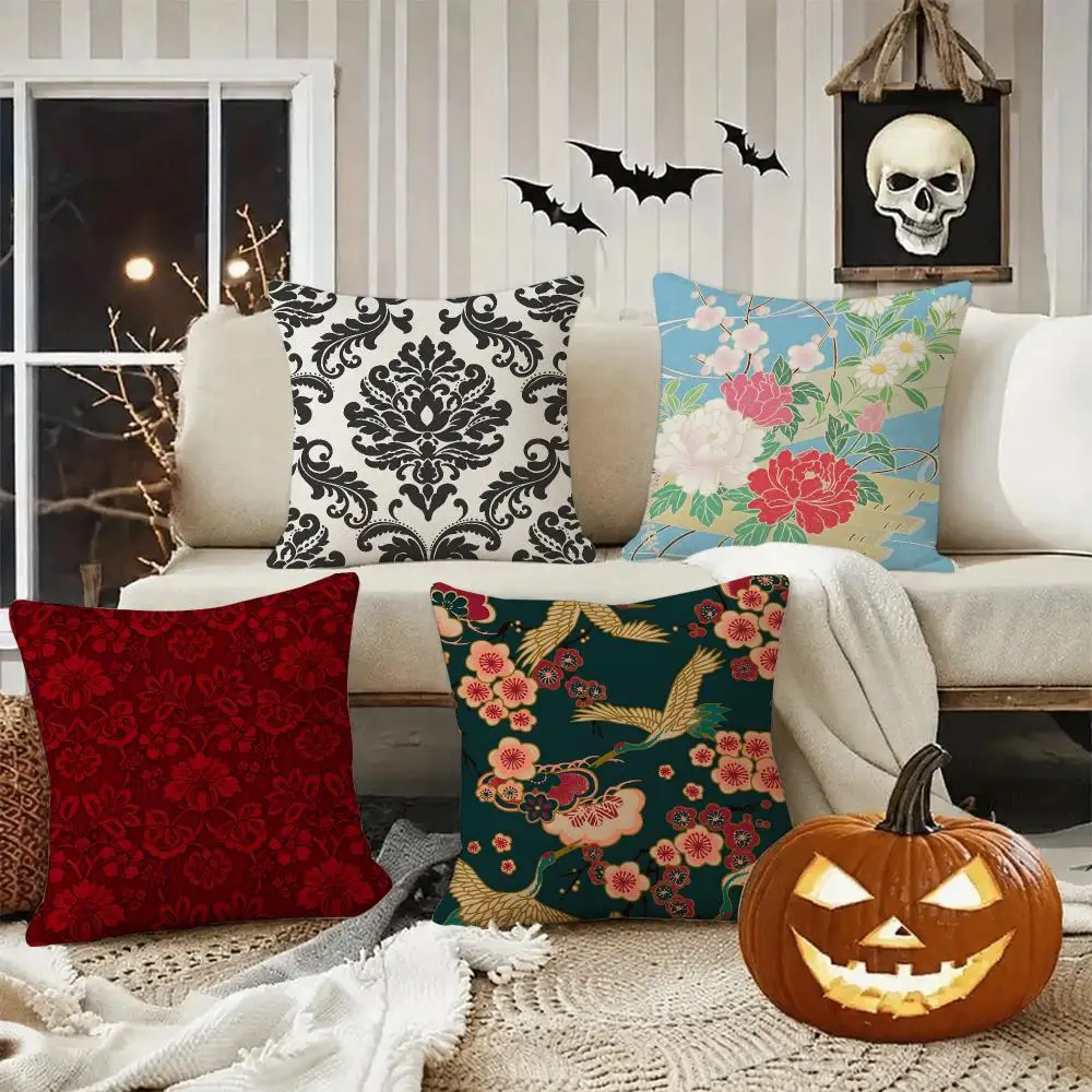 Kimono Fabric Cushion Cover Halloween decoration trick or treat cushion cover, ghost, pumpkin head, bat decoration