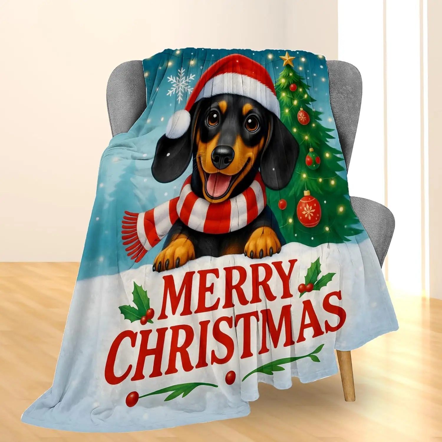 Christmas Dachshund Blanket, Soft Lightweight Flannel Cute Wiener Dog in Santa Hat Throw Blanket for Couch, Bed, Travel & Home