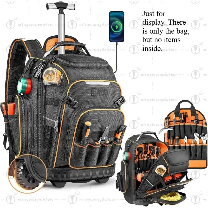 Heavy Duty Rolling Tool Backpack with Wheels & Molded Base, Wheeled Tool Bag for Electricians & Construction Sites