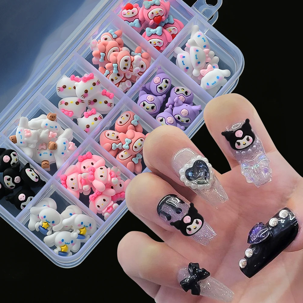 10 griglie (50 pezzi) cartone animato 3D Kuromi/Melody/Cinnamoroll Nail Art Decor Kawaii carino Kuromi e Melody Nail Charm custodia per telefono fai da te parte del chiodo