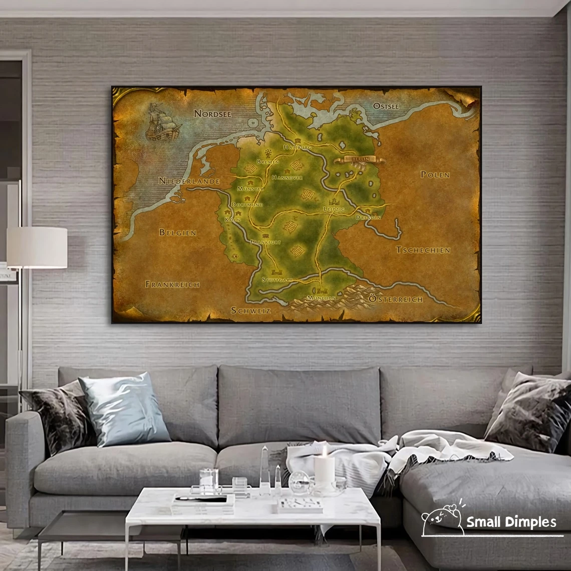 Map Of Germany (German) - World Of Warcraft Style Map Game Poster Canvas Art Print Home Decoration Wall Painting ( No Frame )