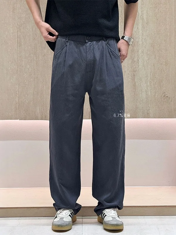 

Summer Men's Casual Loose Straight Leg Linen Pants Simple Design Long Trousers Comfortable Breathable Daily Wear