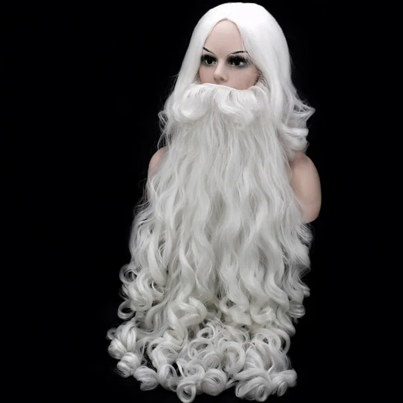 Santa Cosplay Santa Claus Wig and Beard Cosplay Wigs White Hairpiece Accessories Santa Beard 60cm For Christmas New Year Gift